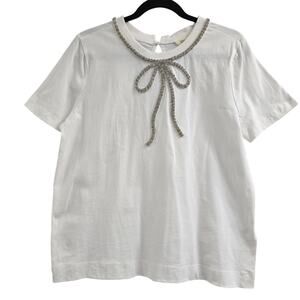 Anthropologie Women’s White Rhinestone Bow Beaded Tee top Glam Preppy Party Sz M